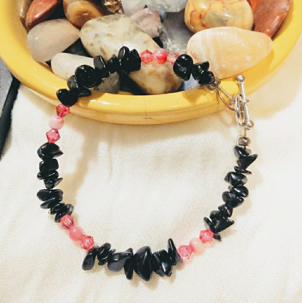 🖤Black Obsidian & Pink Agate Bracelet. 👄